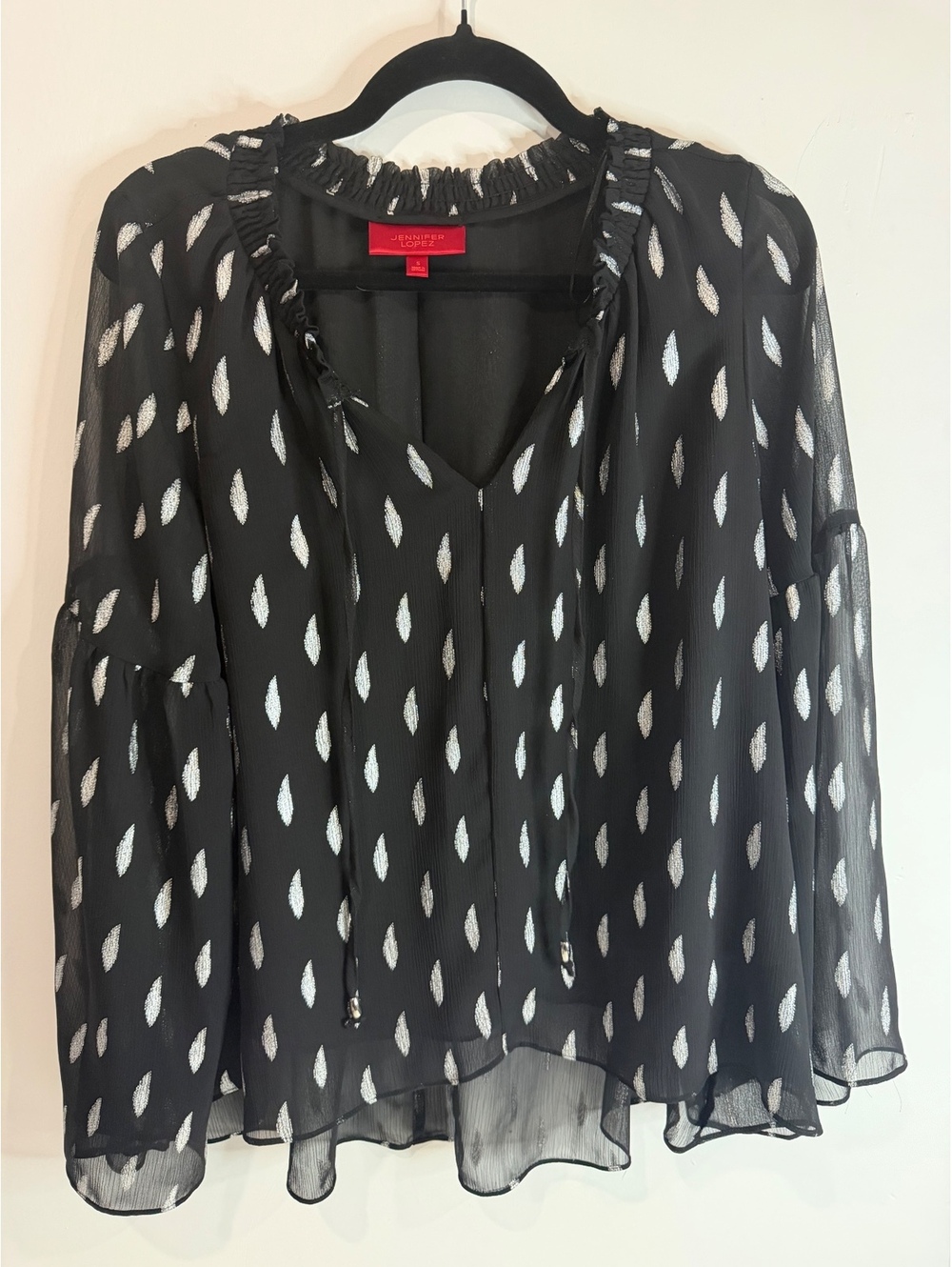 Jennifer Lopez Black Sheer Blouse with White Leaf Pattern, Size Small